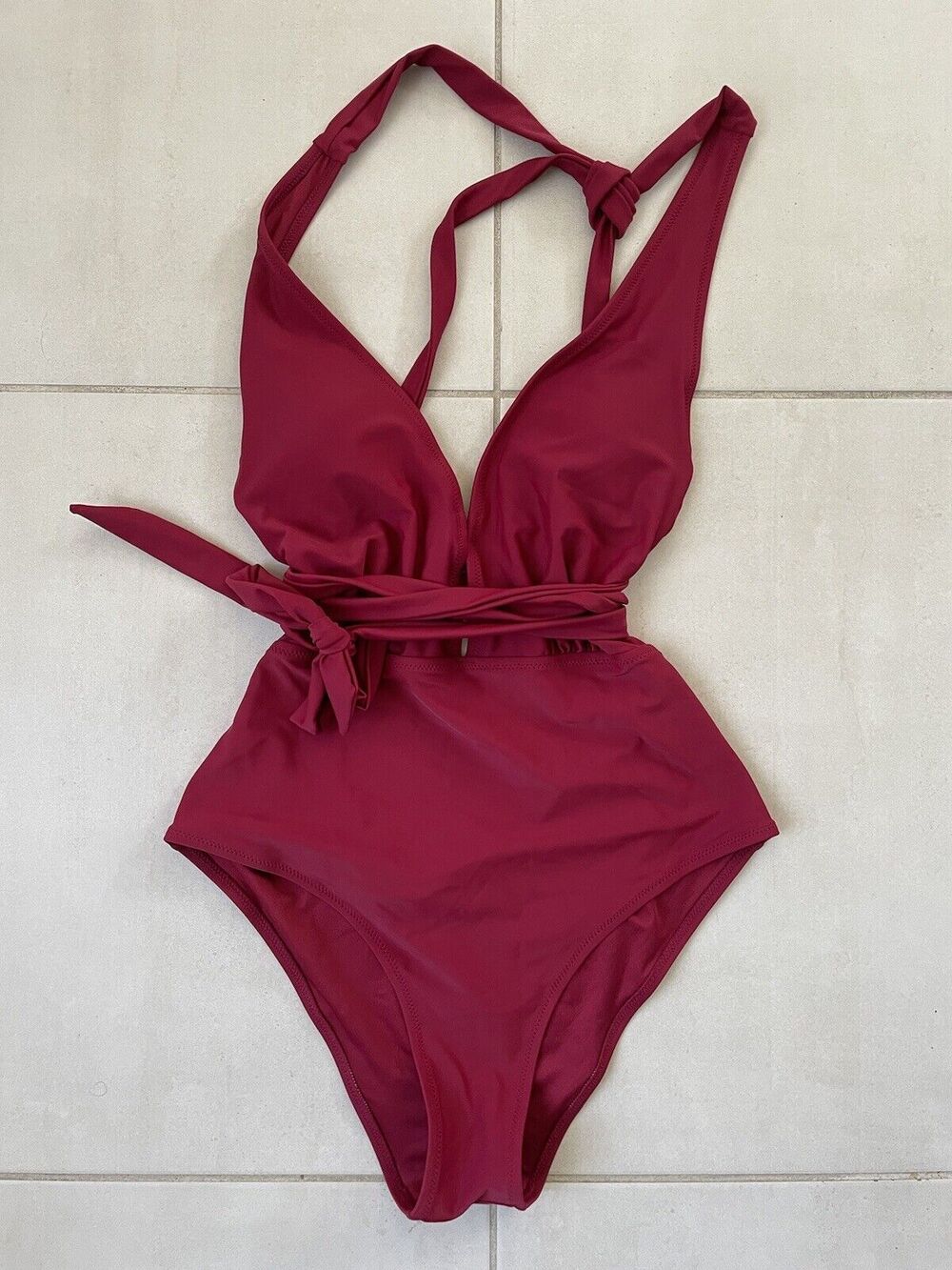 Cupshe Swim One Piece Swimsuit Halter Strappy Cranberrry